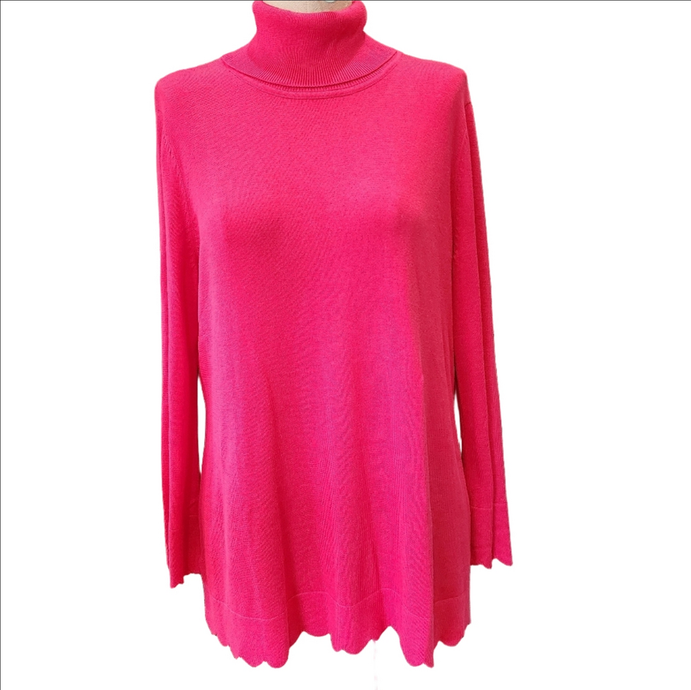 ISAAC MIZRAHI Bright Pink Turtleneck Sweater W/SCALLOPS